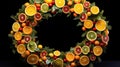 a beautifully crafted Christmas wreath made entirely from dried citrus slices, such as oranges and lemons. Highlight the