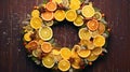 a beautifully crafted Christmas wreath made entirely from dried citrus slices, such as oranges and lemons. Highlight the