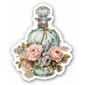 A beautifully crafted glass bottle elegantly adorned with a vibrant arrangement of fresh roses