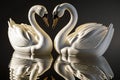 Two swans on a black background. Mirror reflection