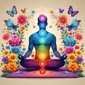 yoga meditation, man meditating in pose of lotus, chakras