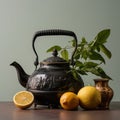 Rustic Elegance: Stone Tea Kettle and Bergamots on Wooden Table