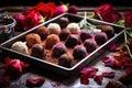 beautifully crafted vegan chocolate truffles on a stainless steel tray