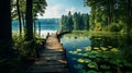 A beautifully crafted wooden path gently curving over the surface of a pristine lake