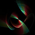 Beautifully curved elements with red green and blue stripes are arranged in layers and intersect on a black background. Royalty Free Stock Photo