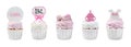 Beautifully decorated baby shower cupcakes for girl on white background, collage. Banner design Royalty Free Stock Photo