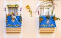 Beautifully decorated balconies in the Plaza de San Pedro in the city of Huelva, on the occasion of the procession of the patron