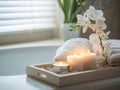 Beautifully decorated bathroom tray with flowers and candles, home bathroom interior decor with copy space