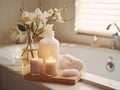 Beautifully decorated bathroom tray with flowers and candles, home bathroom interior decor with copy space