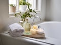 Beautifully decorated bathroom tray with flowers and candles, home bathroom interior decor with copy space