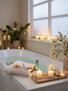 Beautifully decorated bathroom tray with flowers and candles, home bathroom interior decor with copy space