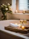 Beautifully decorated bathroom tray with flowers and candles, home bathroom interior decor with copy space