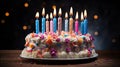 A beautifully decorated birthday cake with colorful candles ablaze