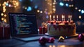 Celebrating coding milestones with a birthday cake and sparkling decorations at night