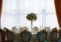 Beautifully decorated in blue green colors wedding hall with flower decoration. Royalty Free Stock Photo