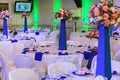 Beautifully decorated in blue and white colours wedding hall