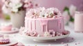Beautifully decorated cake with pink flowers on festive spring table. Easter concept, March 8, mother's day