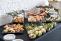 Beautifully decorated catering banquet table with different food snacks and appetizers. Royalty Free Stock Photo