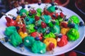 Beautifully decorated catering banquet table with different food snacks and appetizers on corporate christmas birthday party event Royalty Free Stock Photo