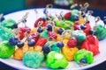 Beautifully decorated catering banquet table with different food snacks and appetizers on corporate christmas birthday party event Royalty Free Stock Photo