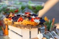 Beautifully decorated catering banquet table with different food snacks and appetizers with sandwich, caviar, fresh fruits on corp Royalty Free Stock Photo