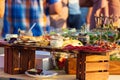 Beautifully decorated catering banquet table with different food snacks and appetizers with sandwich, caviar, fresh fruits on corp Royalty Free Stock Photo