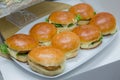 Beautifully decorated catering banquet table with different hamburgers burgers sandwiches on a plate on corporate birthday . Mini Royalty Free Stock Photo