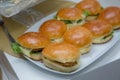 Beautifully decorated catering banquet table with different hamburgers burgers sandwiches on a plate on corporate birthday . Mini Royalty Free Stock Photo