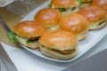 Beautifully decorated catering banquet table with different hamburgers burgers sandwiches on a plate on corporate birthday . Mini Royalty Free Stock Photo