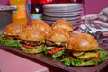 Beautifully decorated catering banquet table with different hamburgers burgers sandwiches on a plate on corporate birthday . Mini Royalty Free Stock Photo