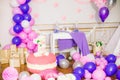 Beautifully decorated children`s party with balloons flowers and sweets
