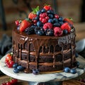 Beautifully Decorated Chocolate Cake with Layers of Ganache and Berries Royalty Free Stock Photo