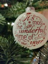 Beautifully decorated Christmas ball with label saying It\'s the most wonderful time of the year