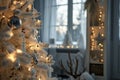 a beautifully decorated Christmas tree with glowing lights in a cozy, snow-view room, evoking a serene, festive atmosphere Royalty Free Stock Photo