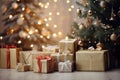 A beautifully decorated Christmas tree with a pile of presents arranged neatly in front of it, Gifts below the Christmas tree Royalty Free Stock Photo