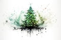 Beautifully decorated Christmas tree on white background. Original design. Watercolor drawing with abstract streaks. Winter