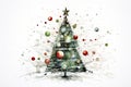 Beautifully decorated Christmas tree on white background. Original design. Watercolor drawing with abstract streaks. Winter