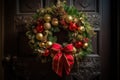 Beautifully decorated Christmas wreath with lush greenery, red and gold ornaments, and a big, red bow, hanging on a rustic wooden Royalty Free Stock Photo