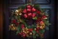 Beautifully decorated Christmas wreath with lush greenery, red and gold ornaments, and a big, red bow, hanging on a rustic wooden Royalty Free Stock Photo