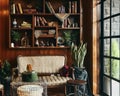 Beautifully decorated classic room interior with shelves near a garden window