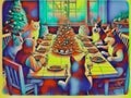 A table with a Christmas dinner for dogs, cats and the owner. AI generated. Illustration.