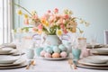 Beautifully decorated Easter dinner table with colorful flowers, pastel crockery and dyed eggs. Indoor Easter celebration party