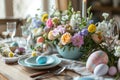 Beautifully decorated Easter dinner table with colorful flowers, pastel crockery and dyed eggs. Indoor Easter celebration party