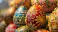 A beautifully decorated Easter egg, featuring intricate designs and bright colors, with delicate patterns and
