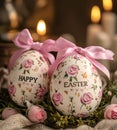 Beautifully decorated Easter eggs with floral patterns and ribbons placed . Royalty Free Stock Photo