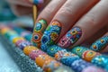 Elegant multi-colored manicure on the arm