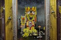 Beautifully decorated idol of Sri Lord Krishna Temple with flowers garlands and lights at Krishna Dhama, Mysuru.KARNATAKA, INDIA