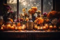 A beautifully decorated ofrenda adorned with marigold flowers, sugar skulls, candles, and incense. The ofrenda would be the