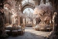 Beautifully decorated room for a wedding banquet with round guest tables and lots of flowers