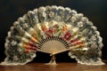 beautifully decorated spanish hand fan on lace fabric